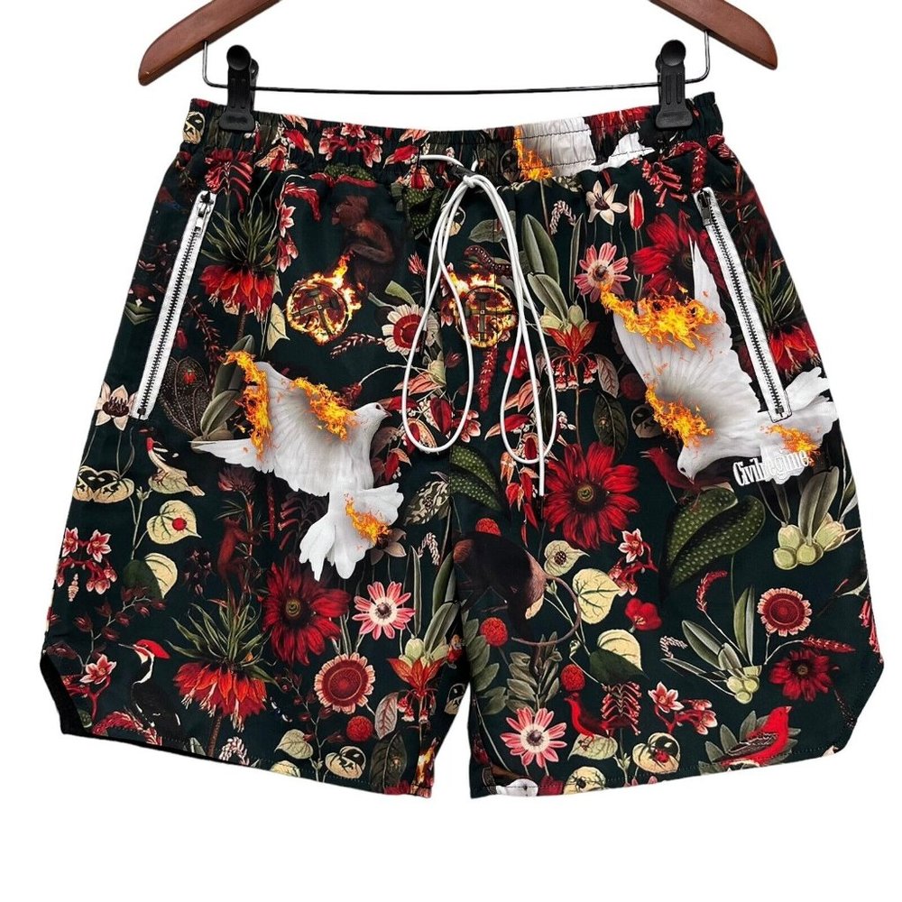 Civil Regime Men's Shorts Hunter Green Multicolor Floral Zip Pocket NWOT Size M